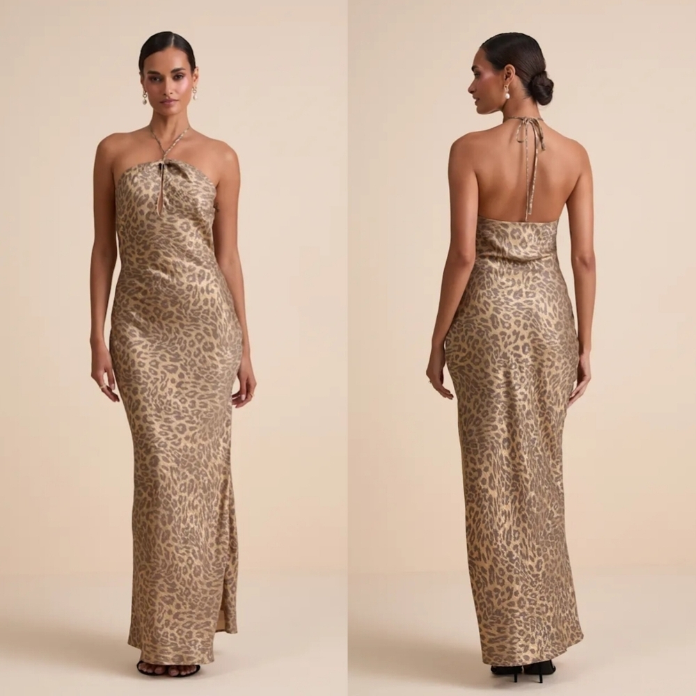 Lulus Axelle Gold Leopard Print Satin Cutout Halter Maxi Dress L Wedding Party